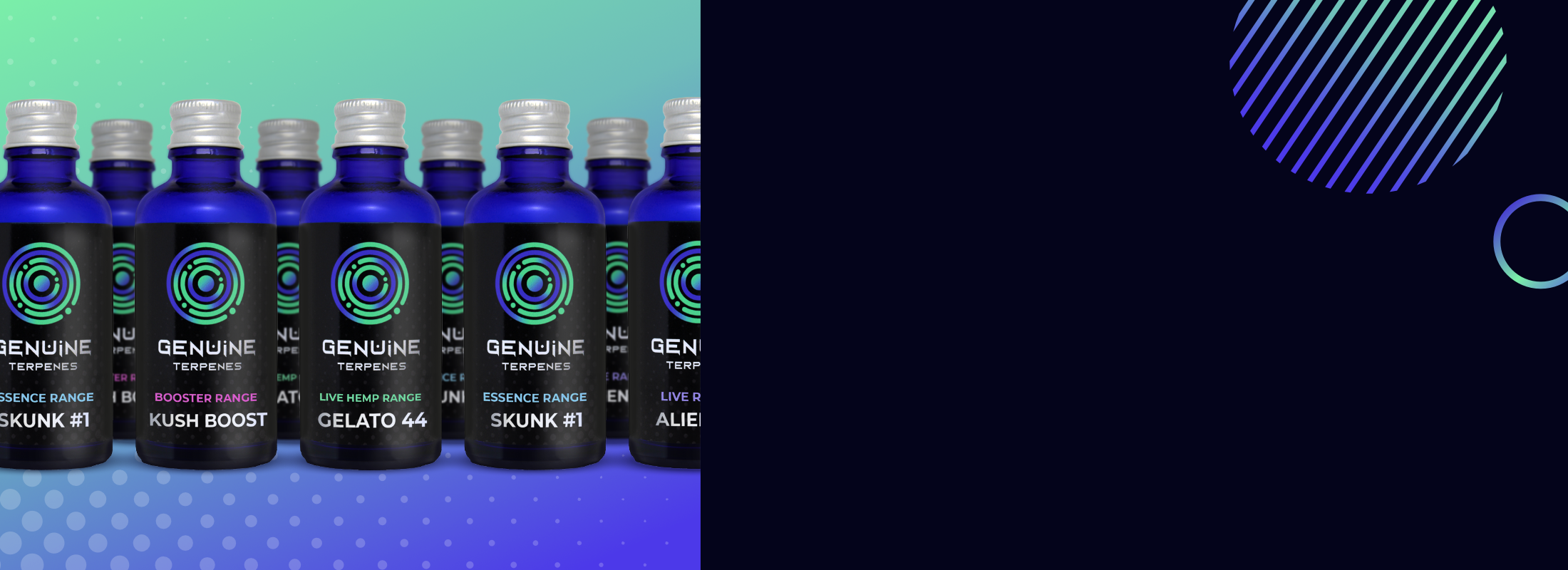 Full ranges of Genuine Terpenes flavour bottles on futuristic background